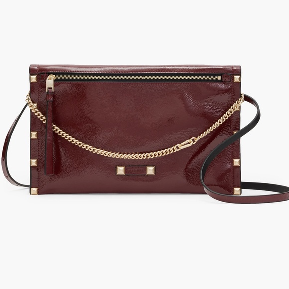 AllSaints Alex Crossbody Bag Burgundy with Gold Studs - Picture 1 of 7